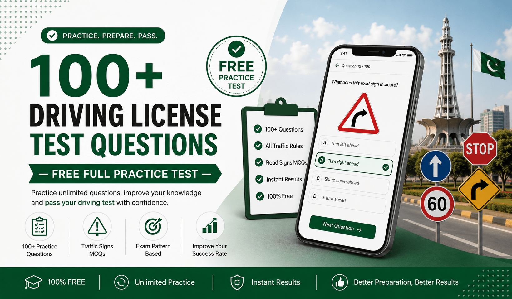 100 plus driving license test questions practice Pakistan road signs