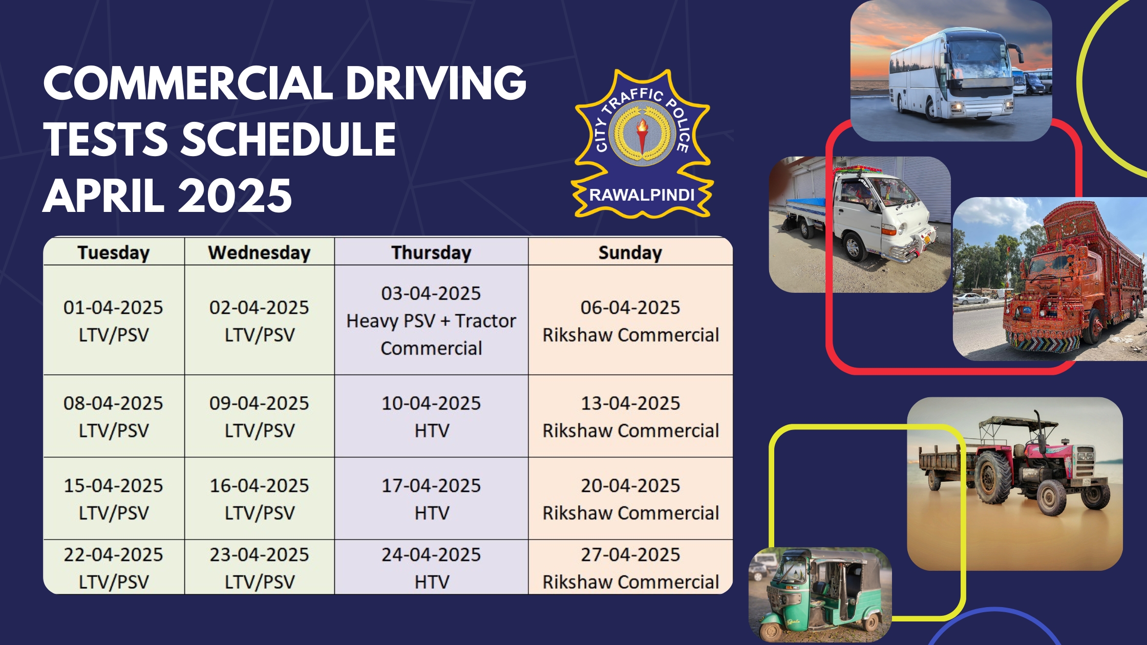 April 2025 Commercial Driving Test Schedule – City Traffic Police Rawalpindi 22 Commercial Driving Tests Schedule