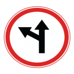 Pakistani compulsory road sign showing a black arrow splitting straight ahead and to the left inside a red circle