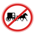 Pakistani road sign showing a horse-drawn tonga cart crossed by a red diagonal bar inside a red circle
