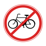 Pakistani road sign showing a black bicycle crossed by a red diagonal line inside a red circle, prohibiting bicycles