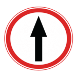 Pakistani compulsory road sign showing a black upward arrow inside a red circle, meaning traffic must proceed straight ahead only