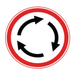 Pakistani compulsory roundabout road sign showing three curved black arrows forming a circle inside a red circle
