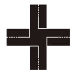 Pakistani road marking showing lane lines guiding traffic through a four-way crossroads