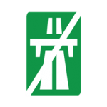 Pakistani road sign showing the green motorway symbol crossed by a diagonal bar, marking the end of motorway regulations