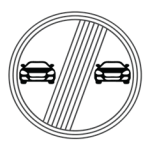 Pakistani end of no overtaking road sign showing two grey cars crossed by diagonal bars inside a grey circle