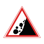 Pakistani cautionary road sign showing black boulders falling down a slope inside a red-bordered triangle