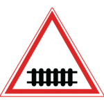 Pakistani cautionary road sign showing a railway gate or fence symbol inside a red-bordered triangle