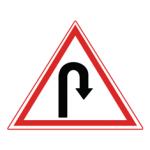 Pakistani cautionary road sign showing a U-shaped hairpin bend arrow inside a red-bordered triangle