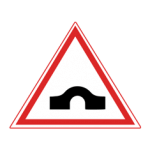 Pakistani cautionary road sign showing a black humped bridge arch inside a red-bordered triangle