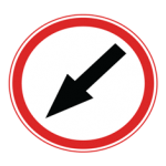 Pakistani compulsory road sign showing a black diagonal arrow pointing down to the left inside a red circle, meaning keep left