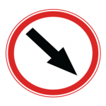 Pakistani compulsory road sign showing a black diagonal arrow pointing down to the right inside a red circle, meaning keep right