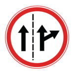 Pakistani lane direction road sign showing straight ahead arrows and a right turn arrow separated by a dashed lane line inside a red circle