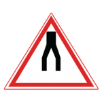 Pakistani cautionary road sign showing two lanes converging into one inside a red-bordered triangle