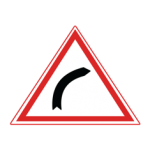 Pakistani cautionary road sign showing a road curving to the left inside a red-bordered triangle