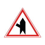 Pakistani cautionary road sign showing a narrow minor road meeting the main road from the left inside a red-bordered triangle