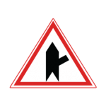 Pakistani cautionary road sign showing a narrow minor road meeting the main road from the right inside a red-bordered triangle