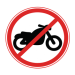 Pakistani road sign showing a black motorcycle crossed by a red diagonal line inside a red circle, prohibiting motorcycles