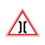 Pakistani cautionary road sign showing narrow bridge parapets on both sides inside a red-bordered triangle