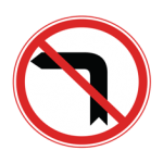 Pakistani no left turn road sign showing a left-turning black arrow crossed by a red diagonal line inside a red circle