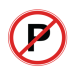 Pakistani no parking road sign showing a black letter P crossed by a red diagonal line inside a red circle