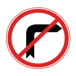 Pakistani no right turn road sign showing a right-turning black arrow crossed by a red diagonal line inside a red circle