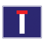 Pakistani informative road sign showing a T-shaped road with a red bar across the top on a blue rectangle, meaning dead end