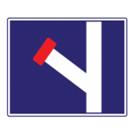 Pakistani informative road sign showing a white road with a left branch blocked by a red bar on a blue rectangle