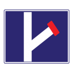 Pakistani informative road sign showing a white road with a right branch blocked by a red bar on a blue rectangle