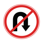 Pakistani no U-turn road sign showing a U-shaped black arrow crossed by a red diagonal line inside a red circle