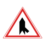 Pakistani cautionary road sign showing an oblique side road joining from the right inside a red-bordered triangle