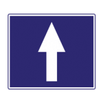 Pakistani one-way street road sign showing a white arrow pointing straight ahead on a blue rectangle
