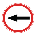 Pakistani compulsory road sign showing a black horizontal arrow pointing left inside a red circle, indicating one-way traffic to the left