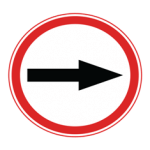 Pakistani compulsory road sign showing a black horizontal arrow pointing right inside a red circle, indicating one-way traffic to the right