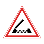 Pakistani cautionary road sign showing a bridge deck lifting over water inside a red-bordered triangle
