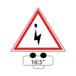 Pakistani cautionary road sign showing a lightning bolt for an overhead electric cable with a 16 feet 5 inches height plate