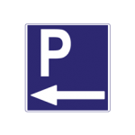 Pakistani parking road sign showing a white letter P with a left arrow on a blue rectangle