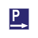 Pakistani parking road sign showing a white letter P with a right arrow on a blue rectangle