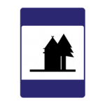 Pakistani informative road sign showing a rest house building among trees in a park or forest area