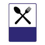 Pakistani informative road sign showing a knife and fork symbol indicating a restaurant