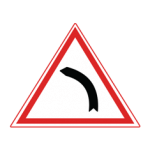Pakistani cautionary road sign showing a road curving to the right inside a red-bordered triangle
