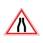 Pakistani cautionary road sign showing the road narrowing from both sides inside a red-bordered triangle