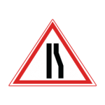 Pakistani cautionary road sign showing the road narrowing from the right side inside a red-bordered triangle