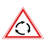 Pakistani cautionary road sign showing curved arrows forming a roundabout inside a red-bordered triangle