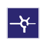 Pakistani informative road sign showing a roundabout layout diagram with exits on a blue rectangle