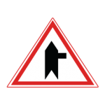 Pakistani cautionary road sign showing a side road joining the main road from the right inside a red-bordered triangle