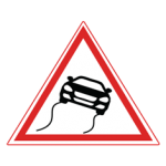 Pakistani cautionary road sign showing a skidding car with wavy tyre marks inside a red-bordered triangle