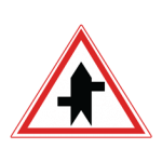 Pakistani cautionary road sign showing a staggered junction with the right arm first inside a red-bordered triangle