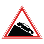 Pakistani cautionary road sign showing a car descending a steep black slope inside a red-bordered triangle