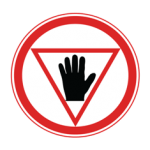 Pakistani stop road sign showing a black raised hand inside a red-bordered downward triangle within a red circle